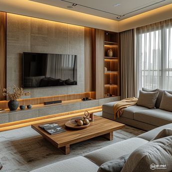 Tv Wall Design With Lights, Rustic Wall Tv, Floting Tv Unit, Tv Unit Design Modern Indian, Tv Cabinet Wall Design, Floating Tv Cabinet, Ruang Tv, Modern Tv Room, Modern Tv Cabinet