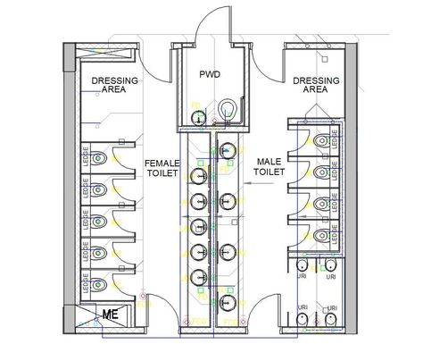 Public Toilet Plan With Sanitary Layout Plan - Cadbull Public Restroom Floor Plan, Public Bathroom Floor Plan, Floor Plan Public Toilet, Best Public Toilet Design, Toilet Plumbing Layout Plan, Public Toilets Design, Public Restroom Plan, Public Wc Plan, Public Bathroom Plan