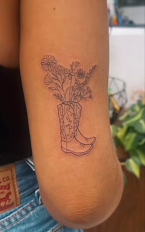 Goodbye Earl Tattoo, Cute Faith Tattoos, Antlers Tattoos For Women, Cowgirl Boot Tattoo Small With Flowers, Til You Can’t Tattoo, Flower Boot Tattoo, Cowboy Up Tattoo Ideas, Kelsea Ballerini Tattoo Ideas, Sitting On The Dock Of The Bay Tattoo