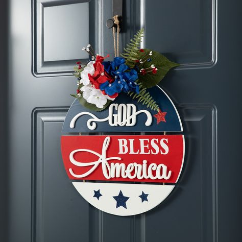 This Patriotic door hanger is composed of 4 pieces wood sign, and printed with sentiments "God Bless America" and "Land of the Free", American map placed in the center, which is connected with twine rope from top to bottom, it definitely add holiday… Patriotic Door Hanger, Americana Crafts, Door Mural, Bold Words, Christmas Reindeer Decorations, Fourth Of July Decorations, 4th July Crafts, Hanger Decor, Door Signs Diy