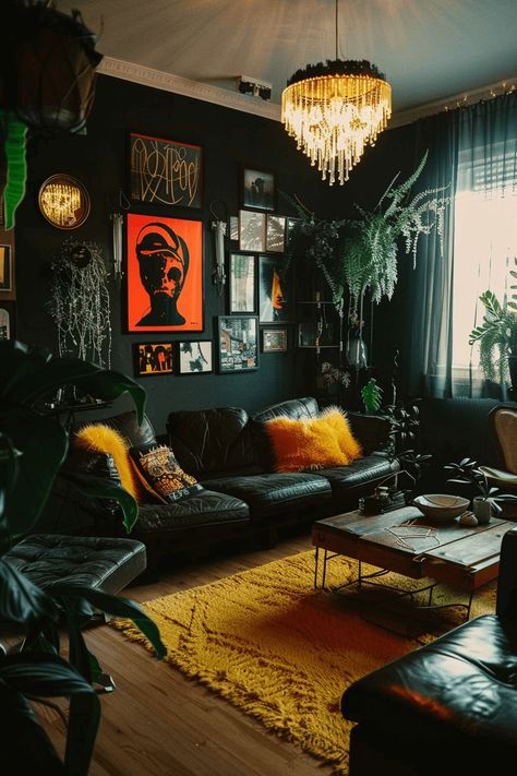 16+ Dark Living Room Ideas - Paul Paint Colorful Goth Living Room, Moody Electric Interior, Industrial Pop Art Interior, Whimsigoth Living Room Aesthetic, Dark Blue Moody Living Room, Cozy Gothic Living Room, Rockstar Living Room, Grunge Interior Design, Dark Apartment Aesthetic