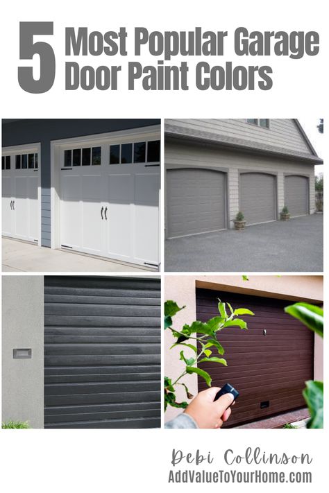 Your garage door can make a statement and enhance your front exterior, it can a neutral and make other attributes of your exterior a focal point, but picking the wrong garage door color for your home can make your home an eyesore. Especially if you have a front loading garage door which takes up to 40% of the front exterior. Picking the right color of your garage door can be tricky because you want it to complement the other house exterior paint colors in a positive way. Tan Garage Door Color Schemes, Brown Garage Doors Gray House, White House Grey Garage Door, Dark Gray Garage Door, Garage And Front Door Matching, Garage Door Colors With White House, Garage Door Colors With Tan House, Iron Ore Garage Door, Garage Door Paint Colors