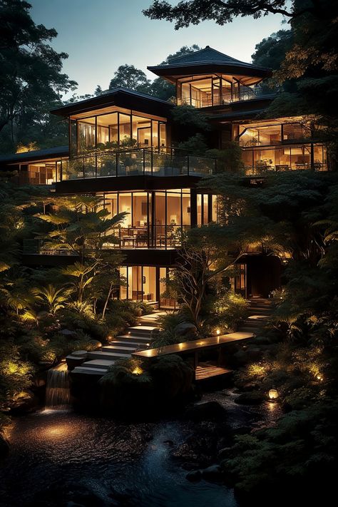 Hidden Mansion In The Woods, Earthy Mansion, Modern Forest House Exterior, House In Nature Aesthetic, Dark Forest House, Super Modern House, Mansion In The Woods, Forest Mansion, Woodland Mansion