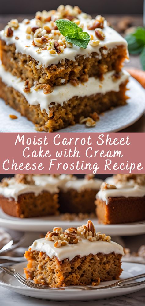 This Moist Carrot Sheet Cake is packed with warm spices, shredded carrots, and a creamy, tangy cream cheese frosting that makes every bite irresistible. It’s a perfect dessert for parties, family gatherings, or whenever you're craving a comforting and delicious homemade treat. Carrot Cake Recipe 8x8 Pan, Carrot Sheet Cake With Cream Cheese Whip, Carrot Cake Cream Cheese Frosting Recipe, 13x9 Carrot Cake Recipe, Sheet Carrot Cake Recipe, Carrot Cake Recipe 9x13 Pan, Sheet Pan Carrot Cake Recipe, Carrot Cake Squares, Doctored Carrot Cake Mix Recipes