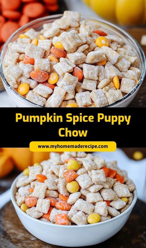 🎃🐾 This Pumpkin Spice Puppy Chow is the ultimate fall snack! Sweet, crunchy, and full of pumpkin spice flavor—my family couldn’t stop munching on it. Perfect for cozy evenings or a fun treat! Pumpkin Spice Puppy Chow Recipes, Orange Puppy Chow, Halloween Puppy Chow Recipe, Pumpkin Puppy Chow, Pumpkin Trail Mix Recipes, Pumpkin Spice Puppy Chow, Cherry Cheesecake Puppy Chow, Pumpkin Treats For Kids, Fall Puppy Chow