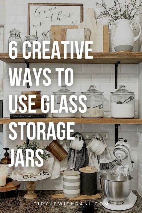 Want to know what to do with empty glass jars? Here are 6 creative glass storage jars ideas for kitchen storage, laundry detergent, home decor, and more! Glass jars for laundry detergent. Glass jars for pantry storage. Glass jars home decor. Glass jars decorating ideas. Glass jars for kitchen storage. Glass jars ideas. Clear Jars In Kitchen, Apothecary Glass Jars, What To Store In Glass Jars, Pantry With Glass Jars, Giant Jar Ideas, Kitchen Storage Jars Ideas, Glass Storage Jars Kitchen, Things To Put In Glass Jars Display, Uses For Large Glass Jars