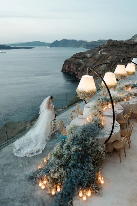 The Stunning Flowers Were The “Something Blue” at This Dreamy Santorini Destination Wedding Wedding Venues Santorini, Intimate Wedding Destinations, Small Greece Wedding, Japan Destination Wedding, Le Ciel Santorini Wedding, Dubai Wedding Decoration, St Tropez Wedding, Wedding Inspo 2024, Wedding Ideas Decoracion