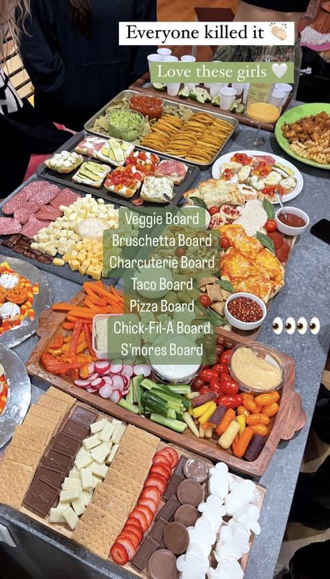 Charcuterie Board With Friends, Friendsgiving Food Board Ideas, Food Boards Theme, Board Ideas Food Theme, Bring A Dish Ideas Parties, Food Board Themes, Bored Night Food, Bring Your Board Party, Charcuterie Bored