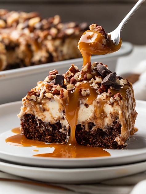 Decadent German Chocolate Poke Cake 🥥  🥥 𝗜𝗻𝗴𝗿𝗲𝗱𝗶𝗲𝗻𝘁𝘀 🥥 1 box German chocolate cake mix 1 ⅓ cups water ½ cup vegetable oil 3 large eggs For the Filling 1 can (14 oz) sweetened condensed milk 1 jar (12 oz) caramel topping For the Topping 1 cup chopped pecans 🥥 German Chocolate Poke Cake Recipes, Condensed Milk Recipes Desserts Easy, German Chocolate Poke Cake Easy, German Choc Poke Cake, German Chocolate Cake Mix Recipes, Box German Chocolate Cake, German Chocolate Cake Trifle, German Desserts Authentic, Upside Down German Chocolate Cake Recipe