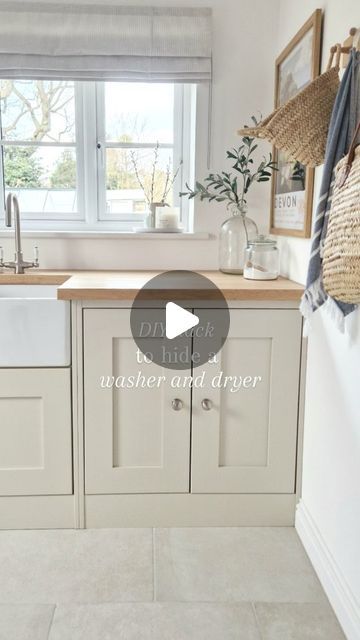 Jade Lisa Interiors on Instagram: "When designing our utility room, I really wanted to hide the appliances behind doors, but didn't have the budget for bespoke units and no such off-the-shelf unit existed. However, I found a little hack using @diykitchens doors 🤍 Our utility room is 2335mm wide and the Belfast sink unit is 600mm wide. You can get smaller doors from @diykitchens that are 347mm wide, but I had to go slightly wider to fill the space. The doors are hung on a piece of wood attached inside the end panel - our builder just used an offcut from a kitchen panel. The plinth is attached with magnets, providing easy access to the appliances should you need to remove them. We have a slightly smaller plinth running above - this is to allow for the height of the sink. Worktop is a 2. Kitchen Panel, Belfast Sink, Sink Units, Kitchen Utilities, Small Doors, Kitchen Extension, Shelf Unit, Utility Room, Laundry Rooms