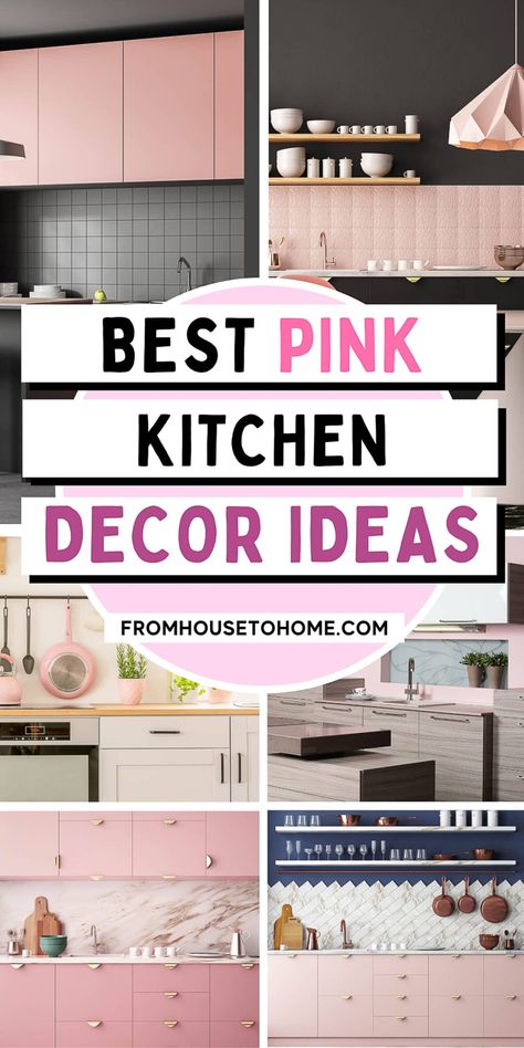 Pink Kitchen Decor Ideas And Inspiration Pink Kitchen Cabinets Black Countertop, Pink Walls In Kitchen, Black White And Pink Kitchen, Pink Fridge Kitchen, Pink Backsplash Kitchen Tile, Pink Kitchen Set, Pink And Black Kitchen Decor, Pink Accent Kitchen, Pink Countertops Kitchen