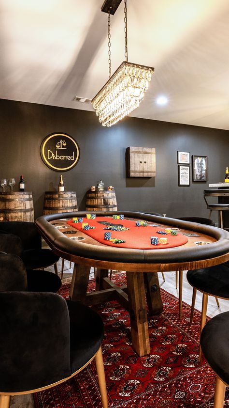 Where Luxury Meets Leisure! Our elegant poker room and basement bar bring a touch of sophistication to your home. It's the perfect blend of excitement and refinement, where unforgettable moments unfold. 🎲 Design @hawkinsandgraydesign Photo @lyndseymariephotography @breannagriswoldsdesigns @klaserandco @christinahalldesigns @hawkinsandgray_organizing #hawkinsandgraydesign #idcoathome #spotlightonmyhome Basement With Poker Table, Garage Poker Room, Poker Table Basement, Basement Poker Room Ideas, Basement Poker Room, Poker Room Ideas Interior Design, Western Game Room, Adult Game Room Ideas, Poker Room Ideas