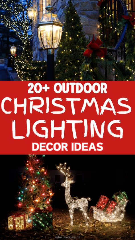 Unique outdoor Christmas lights display featuring bright lights on trees and rooftops. Christmas Tree Outdoor Lights, Christmas Colored Lights Outdoor, Outdoor Lights Decoration, Christmas Lights Inspiration, Lighted Outdoor Christmas Decorations, Outdoor Christmas Lights White And Color, Christmas Lights Outside Display, Craftsman Christmas Decorations Outdoor, Ranch House Outdoor Lighting