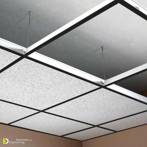 How To Install A Suspended Ceiling? | Engineering Discoveries Draw A Room, Black Drop Ceiling, Suspended Ceiling Tiles, Drop Ceiling Grid, Grid Ceiling, Fluorescent Light Fixture, Office Ceiling, Ceiling Grid, Ceiling Design Modern