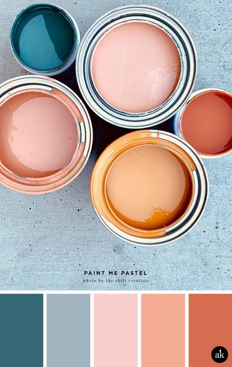 a pastel-paint-inspired color palette // blush, salmon (pink), orange, indigo blue // photo by Shift Creative Color Schemes Colour Palettes, Bohol, Eye Opening, Color Palette Design, Color Inspo, Colour Board, Pastel Painting, Paint Cans, Bedroom Colors