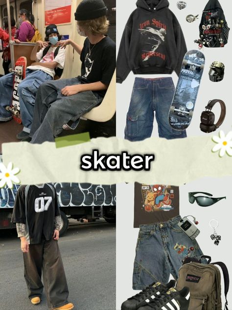 Rainbow Vans Outfit Ideas, Garage Aesthetic Outfits, Skater Grunge Outfits Men, Skater Gf Outfit, Scate Bords Outfit, Skater Clothes Aesthetic, 90s Skater Aesthetic Outfits, Skate Punk Fashion, Vintage Skater Outfits