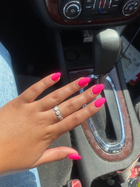 Short Almond Hot Pink Nails, Hot Pink Almond Shaped Nails, Almond Shape Hot Pink Nails, Oval Hot Pink Nails, Almond Nails Plain Colors, Short Oval Nails Ideas Spring, Summer Acrylic Nails Oval, Shapes Of Acrylic Nails, Nail Colors Almond Shape