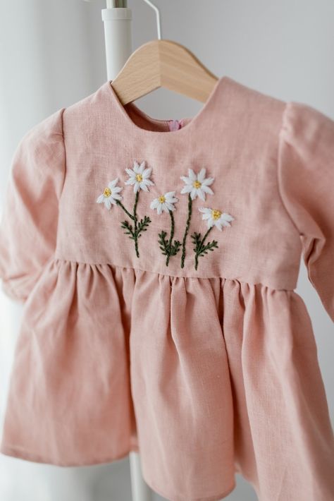 Pink Linen Baby Dress Long Sleeve Linen Dress Embroidered Floral Dress Toddler Spring Dress Flower Girl Dress Baby Shower Gift - Etsy Vietnam Baby Girl Embroidery Dress, Linen Baby Dress, Toddler Spring Dress, Flower Girl Dress Baby, Baby Dress Embroidery, Embroidered Floral Dress, Simple Embroidery Designs, Kids Dress Wear, Infant Flower Girl Dress