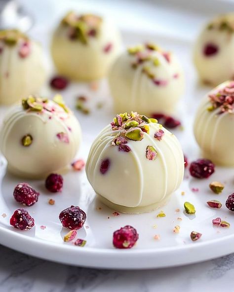 Chocolatier Recipes, Pistachio Truffles, Pistachio White Chocolate, Homemade Truffles, White Chocolate Truffles, Holiday Desserts Table, Cranberry Pistachio, Dessert Spread, White Chocolate Cranberry