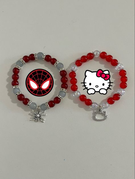 Spider Man Bracelet Ideas, Spider Man And Hello Kitty Matching Bracelets, Spiderman And Hello Kitty Matching Bracelets, Spiderman Kandi Bracelet, Spider Man Jewelry Diy, Matching Hello Kitty Bracelets, Matching Character Bracelets, Spider Man Beaded Bracelet, Matching Spiderman Bracelets