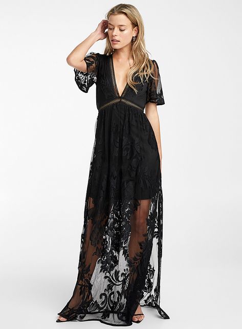 Floral mesh maxi dress | Icône | Women's Fit and Flare Dresses | Simons Short Sleeve Long Dress, Sleeve Long Dress, Flowy Romper, Stitching Dresses, Petal Sleeve, Mesh Maxi Dress, Long Dress Casual, Dress Crafts, Long Sleeve Short Dress