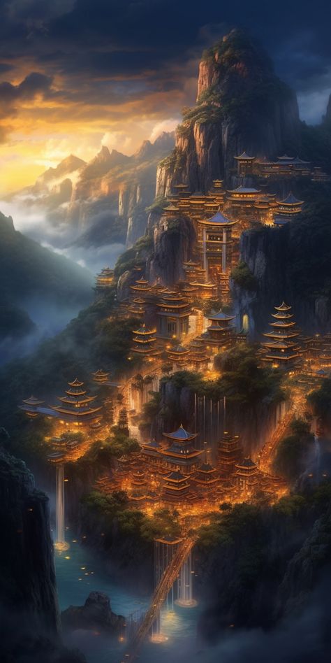 Prompt: Mystical ancient fantastic city among mountains, realistic style #ai #midjourney #city #mountains #fantastics Elven Mountain City, Ancient Fantasy City Concept Art, Dnd Mountain City, Mountain Temple Fantasy Art, Castle In The Desert, Mountain City Concept Art, Mountain Fantasy City, City Built Into Mountain, Volcano City Fantasy Art