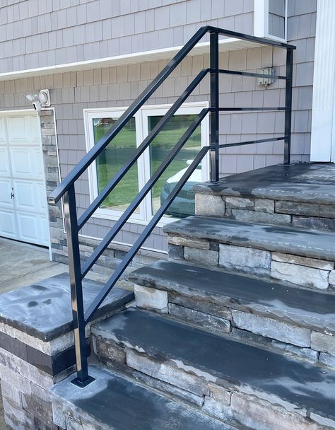 Outside Stair Railing, Step Railing Outdoor, Porch Step Railing, Wrought Iron Porch Railings, Iron Railings Outdoor, Exterior Stair Railing, Porch Handrails, Exterior Handrail, Porch Railing Designs