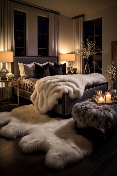 How to Decorate a Femme Fatale Bedroom & Decor Inspiration Comfy Glam Bedroom, Brown And Silver Bedroom Ideas, Dark Brown And White Bedroom Ideas, Black And White Feminine Bedroom, Fuzzy Bedroom Ideas, Window Beside Bed, Spa Inspired Bedroom Master Suite, Room Ideas Master Bedrooms, Boujee Room Aesthetic