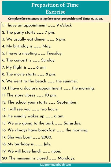 Prepositions of Time Exercises Worksheet Preposition Of Time, In On At, Easy English Grammar, Worksheet For Class 2, Third Grade Worksheets, Preposition Worksheets, Worksheets For Class 1, English Prepositions, Language Worksheets