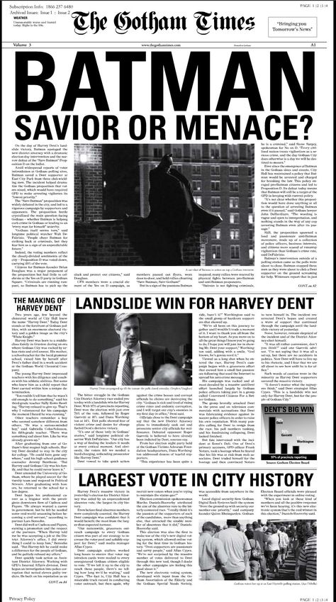 The Dark Knight - Gotham Times Batman Newspaper Wallpaper, Gotham City Newspaper, Batman Newspaper, Newspaper Wallpaper, Batman Aesthetic, Harvey Dent, Batman Poster, Batman Artwork, Batman Wallpaper