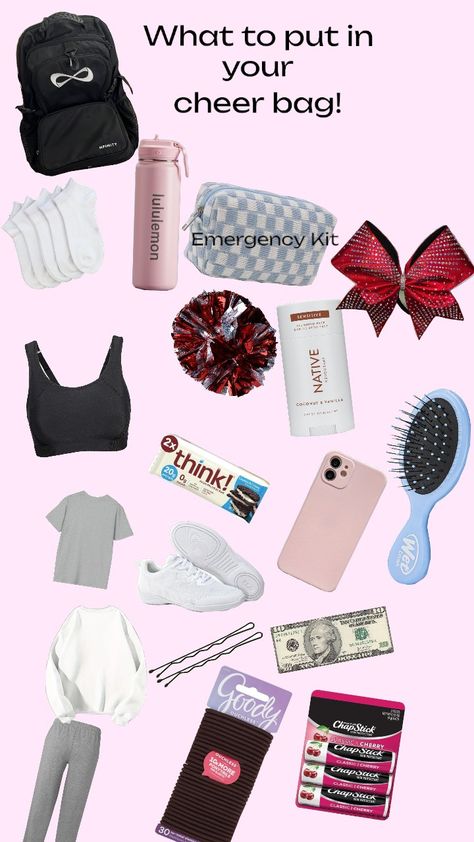 What to put in your cheer bag! What To Put In Cheer Bag, Cheer Bag Checklist, What To Keep In Your Cheer Bag, What To Put In Your Cheer Bag, Cheer Bag Essentials, School Astetic, Cheer Tips, Cheer Practice Outfits, Cheer Games