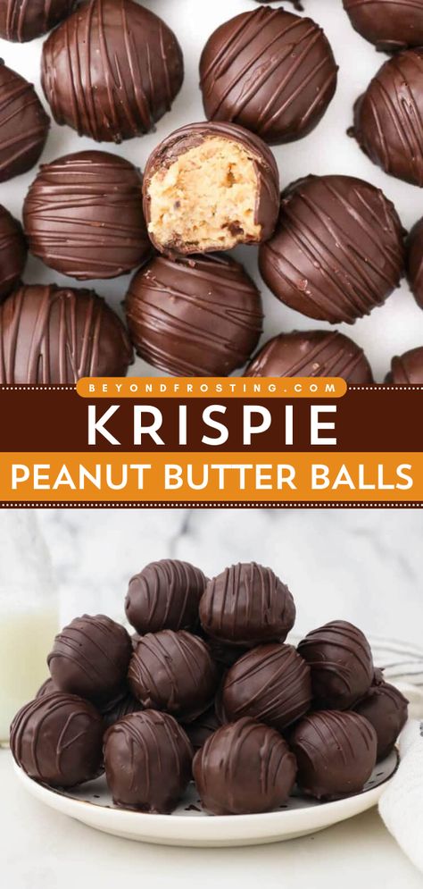 Turn to this recipe using rice krispies cereal for a fun Christmas treat! These peanut butter balls with rice krispies will become your new favorite holiday dessert idea. Covered in dark chocolate, these homemade krispie peanut butter balls are rich and satisfying! Christmas Baking Peanut Butter Balls, Buckeyes Rice Krispies, Crunch Peanut Butter Balls, Peanut Butter Balls With Rice Krispies Recipe, Peanut Butter Ball With Rice Krispies, Pb Balls With Rice Krispies, Chocolate Peanut Butter Balls With Rice Krispies Recipe, Christmas Peanutbutter Balls, Peanut Christmas Candy