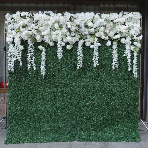 Floral Backdrop Wedding, Flower Wall Design, Roll Up Curtains, Salon Party, Grass Backdrops, Artificial Plant Wall, Flower Wall Wedding, Grass Decor, Walled Garden