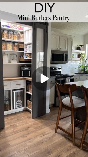 Kitchen Pantry Fridge Wall, Lower Pantry Cabinets, Kitchen Pantry Addition, Retractable Pantry Doors, Kitchen Remodel With Pantry Cabinet, Small Kitchen With Pantry Ideas, Bump Out Pantry Addition, Pantry Entrance From Kitchen, Build Pantry In Kitchen