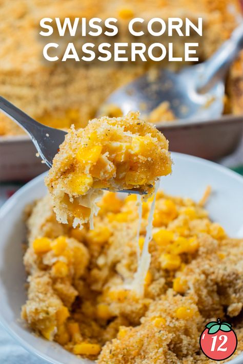 Swiss Corn Casserole, Cheesy Corn Bake, Corn Bake, Breadcrumb Topping, Tomatoes Recipes, Cheesy Corn, 12 Tomatoes Recipes, Baked Corn, Christmas Foods