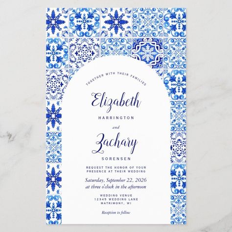 Budget Blue Arch Portuguese Tile Wedding Invite  Zazzle Blue Tile Wedding, Tile Wedding, Portuguese Wedding, Afternoon Wedding, Wedding Invitation Size, Budget Wedding Invitations, Portuguese Tile, Blue Tile, Rustic Blue