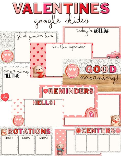 Valentine's Day Google Slides Templates Teacher Google Slides, Google Slides Aesthetic, Google Slides Templates For Teachers, Teacher Rp, Teaching Classroom Decor, Morning Announcements, Teachers Room, Classroom Goals, Google Slides Templates