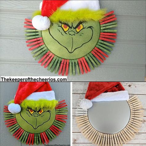 Grinch Pizza Pan Clothespin Wreath #christmas #christmaswreath #clothespinwreath #grinch #grinchwreath #christmascraft #dollarstore #dollarstorewreath #easywreath #christmascraft Clothespin Wreath, Grinch Crafts, Grinch Wreath, Grinch Decorations, Christmas Clothespins, Whoville Christmas, Grinch Christmas Party, Grinch Christmas Tree, Clothes Pin Wreath