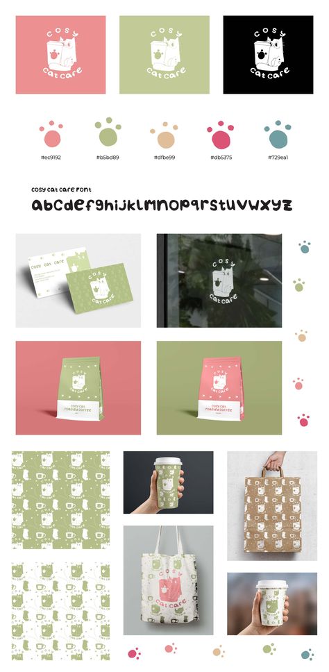 Cosy Cat Cafe branding design by A2 student Alanna L Dog Cafe Logo Design, Pet Cafe Logo, Animal Branding Design, Cat Cafe Design, Cat Cafe Branding, Cat Cafe Logo, Cafe Website Design, Visual Identity Design Branding, Cat Branding