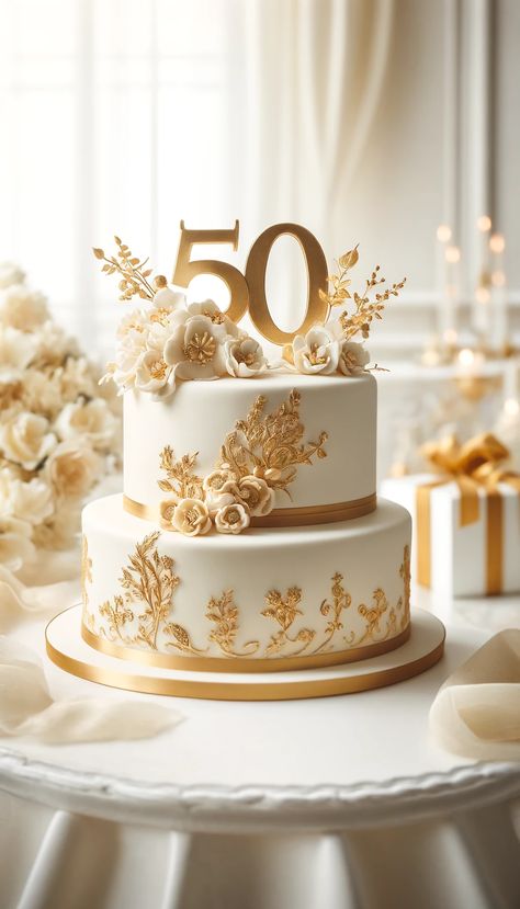 🎂 21 Mind-Blowing Cake Decorating Ideas You Need to Try Right Now! 🍰 Cake Designs Wedding Anniversary, 50th Golden Wedding Anniversary Ideas, Gold Two Tier Cake, White And Golden Cake, Anniversary Cake 50th, 50th Wedding Anniversary Cakes Gold, 50th Anniversary Cake Ideas, Gold Cake Design Birthday, Two Tier Cake Designs