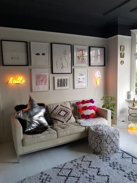 Add neon lights into a gallery wall to add interest. #violetandthistle #neon Large Wall Behind Couch Decor, Wall Behind Couch Decor, Gallery Wall Ideas Stairs, Behind Couch Decor, Wall Behind Couch, Couch Wall Decor, Cream Cushion, Den Decor, Picture Gallery Wall