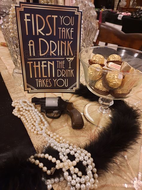 1920s Party Table Decor, Prohibition Era Party, 1920s Mystery Dinner Party, Great Gabsy Party Ideas, Great Gatsby Cocktail Party, Speakeasy Bachelorette Party, 1920 Theme Party Decorations, Vintage Speakeasy Aesthetic, 1920 Cocktails