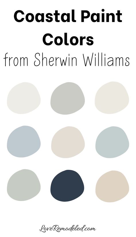 These are the best coastal paint colors from Sherwin Williams.  These beachy paint colors can be used to develop your own coastal paint palette. Coastal Home Interior Paint Colors, Coastal Palette Sherwin Williams, Coastal Furniture Paint Colors, Beach House Sherwin Williams Paint, Coastal Blue Exterior Paint Colors, Modern Coastal Paint Palette, Sherwin Williams Sea Salt Accent Colors, Sherwin Williams Coastal Plain Color Palette, Coastal Grey Paint Colors