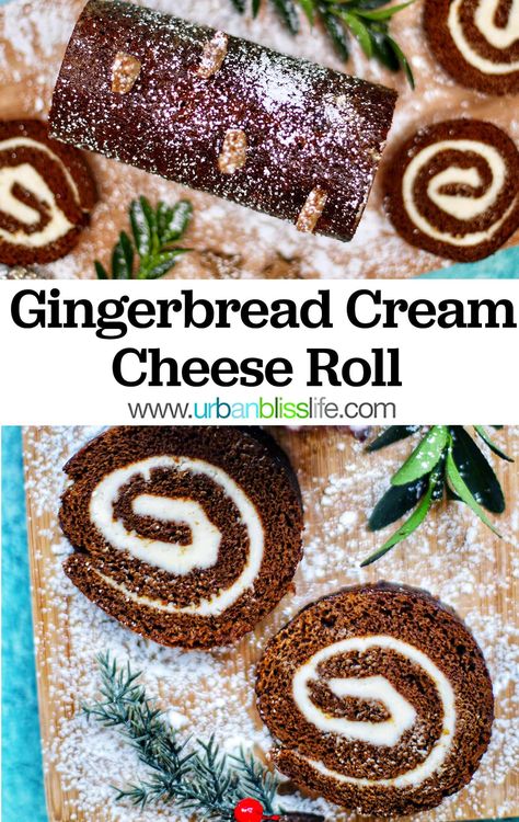 Gingerbread Cake Roll, Christmas Dessert Cake, Gingerbread Cream Cheese, Jelly Rolls Recipe, Roll With Cream Cheese Filling, Christmas Cake Roll, Gingerbread Dessert, Jelly Roll Cake, Winter Dessert