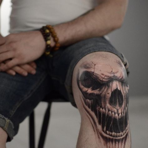 Skull Leg Tattoo Men, Knee Tattoo Men Ideas, Evil Skull Tattoo Design, Mens Knee Tattoo Ideas, Skull Knee Tattoo, Skull Neck Tattoo, Tattoo Theatre, Hand Tattoos For Guys Ideas, Last Rites Tattoo