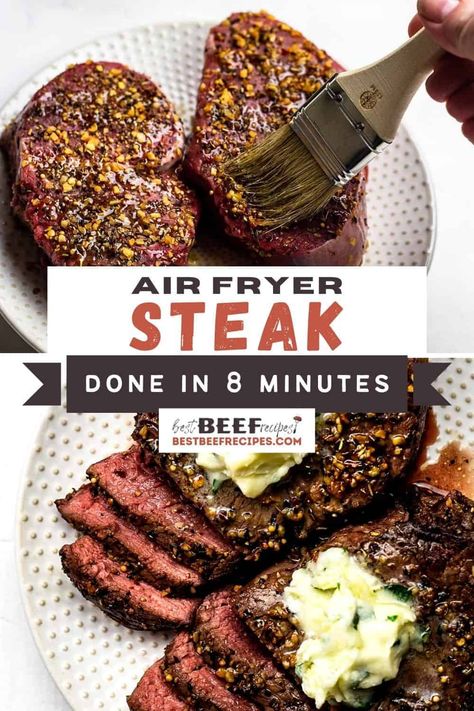 Our Air Fried Steak recipe will be your new favorite way to cook steak! 🥩 Rubbed with steak seasoning and topped with the best ever garlic butter sauce, these steaks cook to perfection in 8 minutes in the air fryer and are full of flavor. #bestbeefrecipes #easyrecipes #dinners #steakrecipes #steaks #airfryerrecipes #airfried #airfryer #garlicbutter via @bestbeefrecipes Air Fryer Steak Dinner Recipes, Air Fryer Strip Steak Recipes, Steak Dinner Ideas Air Fryer, Steak In The Airfryer, Perfect Air Fryer Steak, Air Fryer Ribeye Steak Medium Rare, Steak Recipes In Air Fryer, How To Cook Steak In Air Fryer, Steak In Air Fryer How To Cook