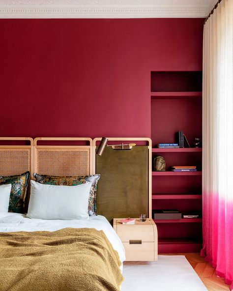 Lightweight, diaphanous curtains are the perfect foil to a dark and moody wall colour. The Parisian apartment of designer @marionstora might be cloaked in rich jewel colours, but there is a lightness of touch in every room. In the bedroom, the windows are framed by uplifting ombré curtains, made from Rosemary Hallgarten’s ‘Alpaca’ fabric in ‘Raspberry’, which contrast with that glorious oxblood wall. See more in the May issue of ELLE Decoration, on sale now. Photography: @paolo_abate Styli... Ombré Curtains, Rosemary Hallgarten, Alpaca Fabric, Jewel Colours, Geometric Headboard, Headboard Inspiration, Bedroom Colours, Parisian Home, Contemporary Console