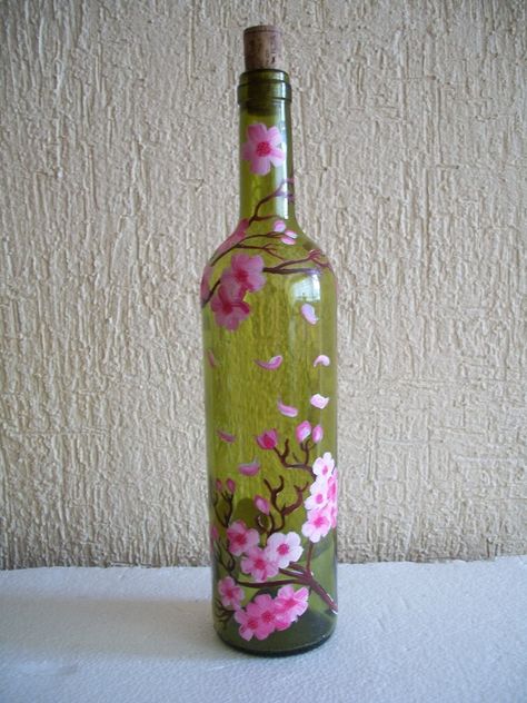 Paint Bottles Diy, Glass Colour Bottle Art, Painting Glass Bottles Acrylic, Painting On Glass Bottles, Glass Colours Painting On Bottles, Simple Glass Bottle Painting Designs, Painting Wine Bottles, Bottle Painting Flower Design, Glass Painting On Green Bottles