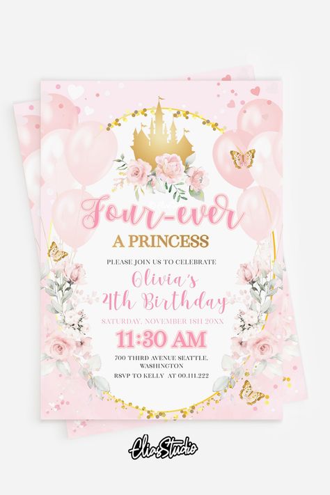 'Four Ever a Princess' invitation template, perfect for your 4th birthday princess party. It's more than just an invitation — it's the first chapter of a fairytale celebration. Princess Adoption Party, 4 Girl Birthday Party Ideas, Princess Party 4th Birthday, Four Year Old Birthday Theme Girl, Forever A Princess Party, Four Birthday Party Ideas Girl, 4th Birthday Theme Girl, Four Ever A Princess Birthday, Girls 4th Birthday Party Ideas