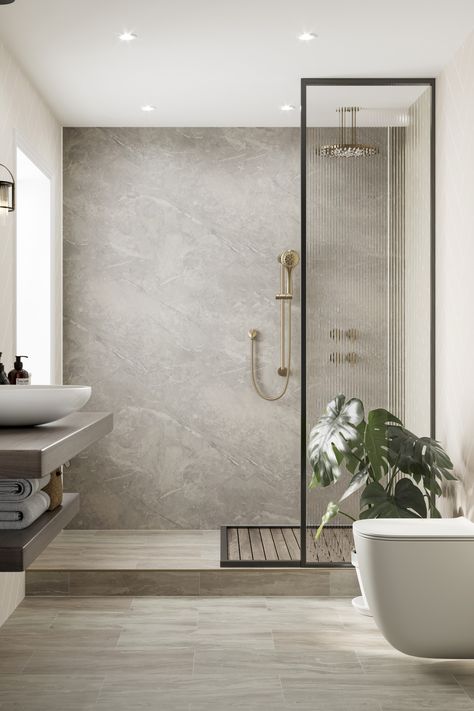 Looking to revamp your bathroom in 2024? Stay on-trend with our favourite looks for this year ✨  Say hello to Scandi & Japandi, both simple and functional trends which will transform your bathroom into a calming oasis with clean lines and a neutral colour pallet🍃  Or, why not add some depth to your interior? Dive into the warm, cosy tones of brown bathrooms, with earthy hues and rich tones for a serene sanctuary🍂  Read more in our latest trends blog on our website using the link in our bio. Marble Bathroom Wall, Bathroom Wall Board, Trending Bathroom Colors, Granite Shower, Grey Marble Bathroom, Marble Shower Walls, Waterproof Wall Panels, Bathroom Paneling, Bathroom Wall Panels